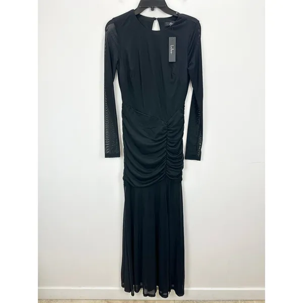 Lulus Vibrant Poise Black Mesh Ruched Maxi Dress Formal Evening Medium NWT - Image 6