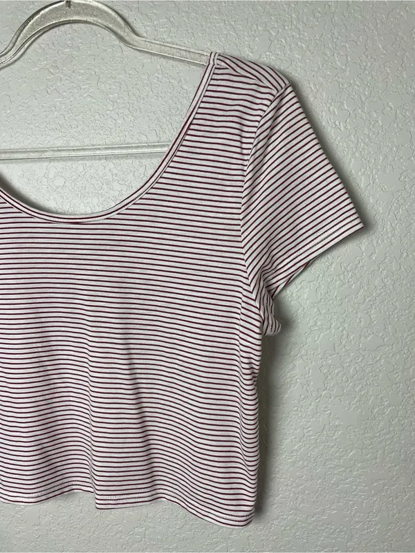 American Eagle Striped Scoop-Neck Crop Top - Maroon/White Size L - Image 2