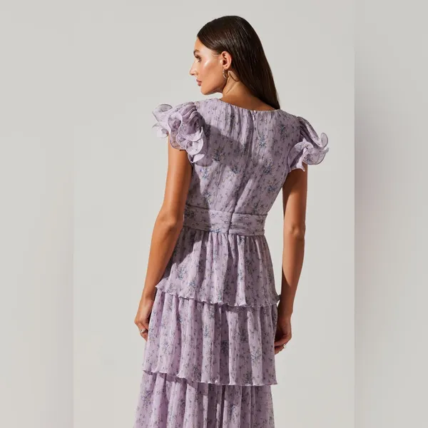 ASTR the Label Pleated Tiered Midi Dress Small Purple Floral Wedding Guest Party - Image 7