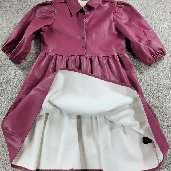 Karlie Womens Faux Leather Dress S Red Puff Sleeve Tiered Button Front Collared - Image 7