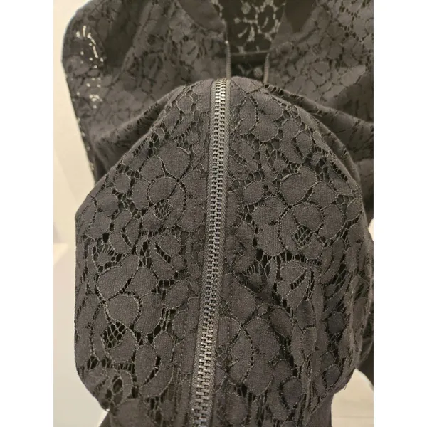 ​G By Guess Medium Black Floral Lace Full Zip Bomber Jacket Women Ribbed Trim - Image 4