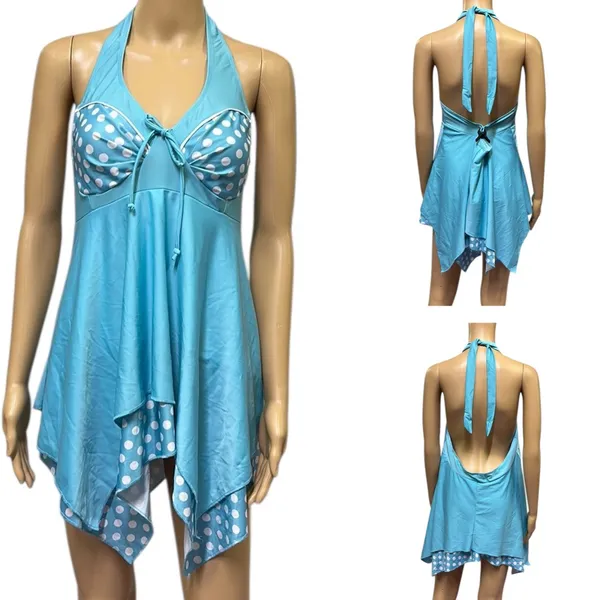 Hula Honey Blue Polka Dot Halter Tie Layered Tankini Top Womens Plus Size 3X - Image 2