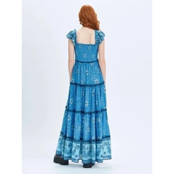 Love The Label Blue Floral Gaya Flutter Sleeve Cotton Tiered Maxi Dress Sz.M - Image 2