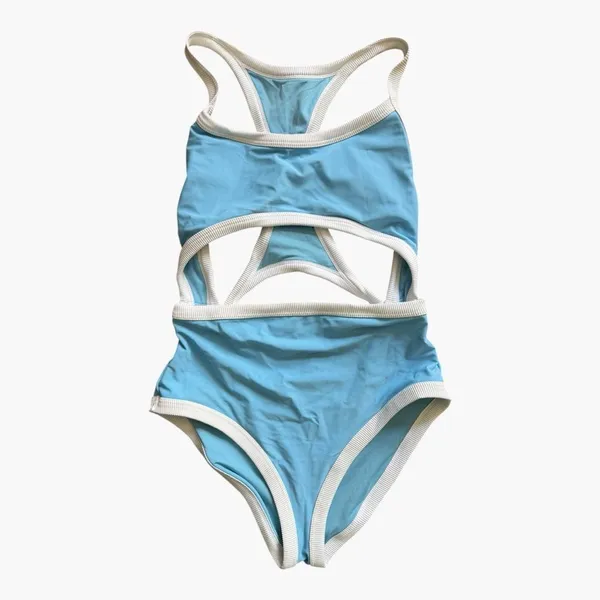 Aerie Blue White Trim Cutout One Piece Swimsuit Racerback Y2K Size Medium - Image 3