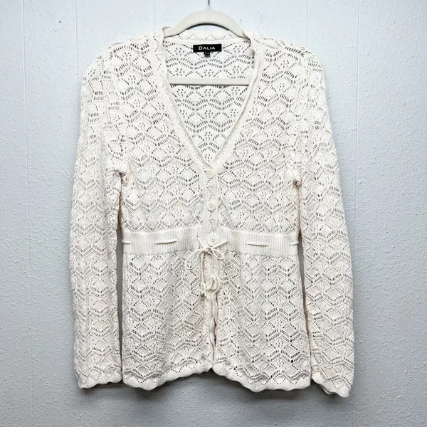 DALIA Pointelle Knit Tie Front Cotton Cardigan Sz Large Cottage Beachy Coastal - Image 2