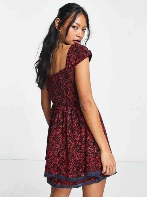 FREE PEOPLE Tabitha Smocked Mini Dress MEDIUM Red Navy Blue Floral - Image 2