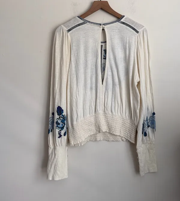 free people felicity embroidered top peasant prairie cream smocked Linen blend L - Image 4