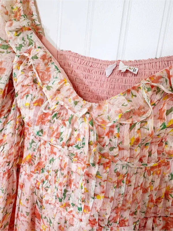 ASTR Lunaria Milkmaid Midi Dress Large Peach Floral Wedding Guest Garden Party - Image 5
