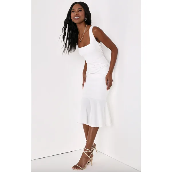 Lulus Moment Maker White Square Neck Trumpet Midi Dress Cocktail XS NWT - Image 5