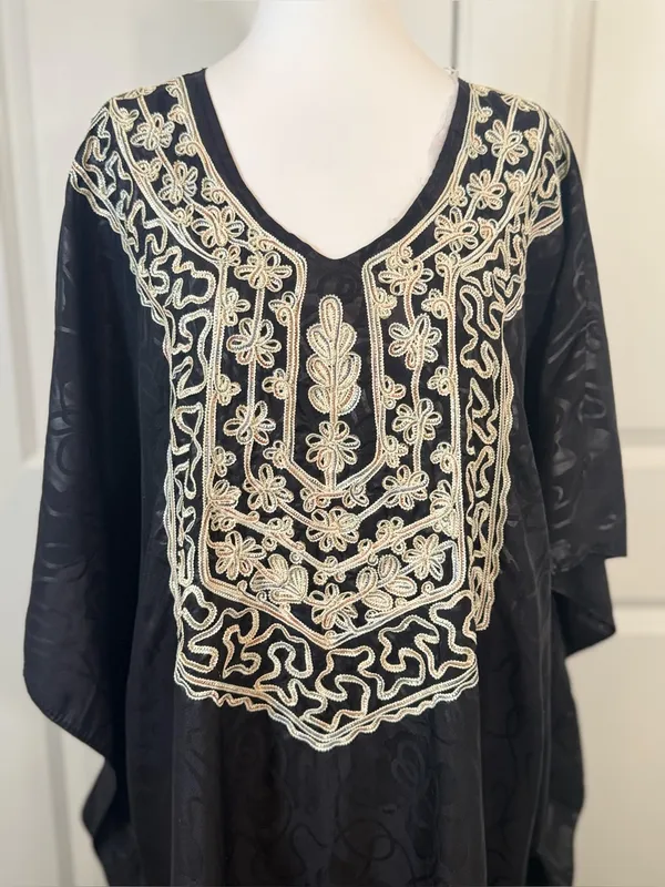 Ashro Black Gold Embroidered Caftan Kaftan Maxi Dress One Size Resort Cruise - Image 2