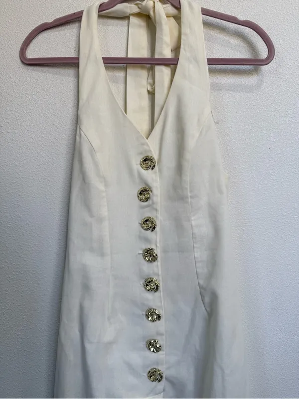SHEIN Cream Halter Midi Dress Gold Button Detail Open Back Size M NWOT - Image 8