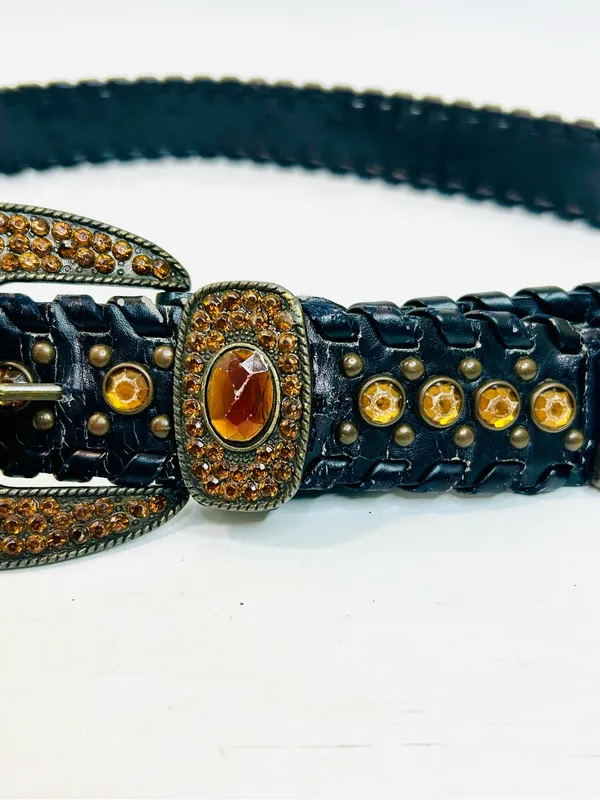 Western Rhinestone Whipstitch Belt with Orange Stones and Black Faux Leather - Image 5
