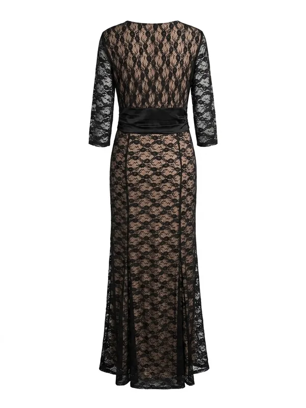 Black Lace Wrap Maxi Dress with Satin Waistband - Image 3