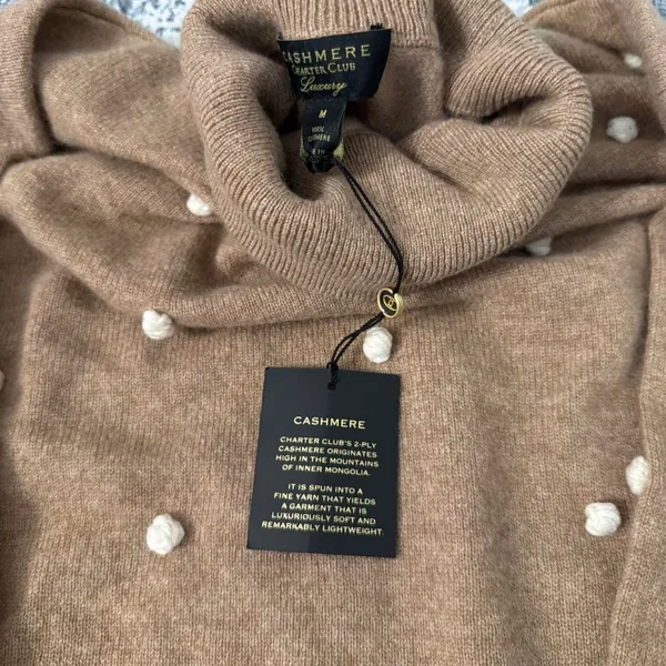 Cashmere Charter Club Luxury Camel Tan Yarn with White Balls - Size M - Image 7