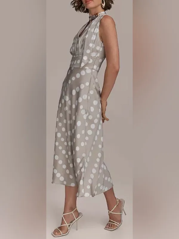 NEW Donna Karan Polka Dot French Twill Scarf Tie Neck Sleeveless Midi Dress 10 - Image 2
