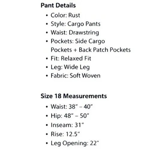 Time and Tru Womens Cargo Pants Size 18 Short Auburn Sun Drawstring Wide Leg - Image 7