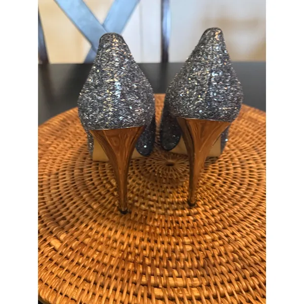 Nine West Silver‎ Glitter Peep Toe Pumps Metallic Stiletto Heels Womens 7.5M - Image 7