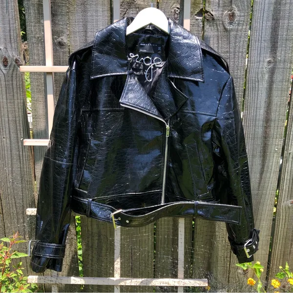 Asos Black Patent Leather Embossed Jacket Moto Style 12 - Image 2