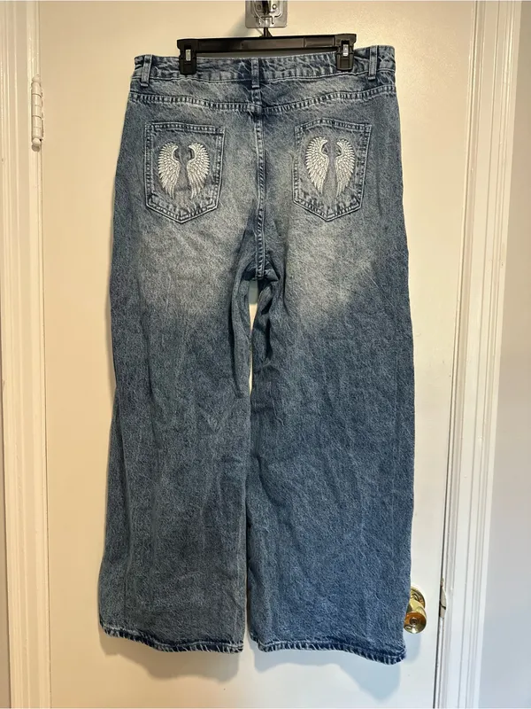 Riley & James Extra Wide Leg Baggy Y2K Wing Pocket Jeans SzXL Indie Punk Grunge. - Image 3