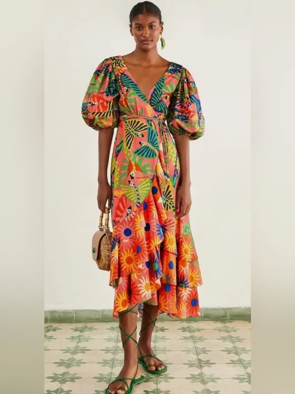 FARM Rio Coral Mixed Graphic Macaws Puff Sleeve Ruffle Hem Midi Wrap Dress XS - Image 2