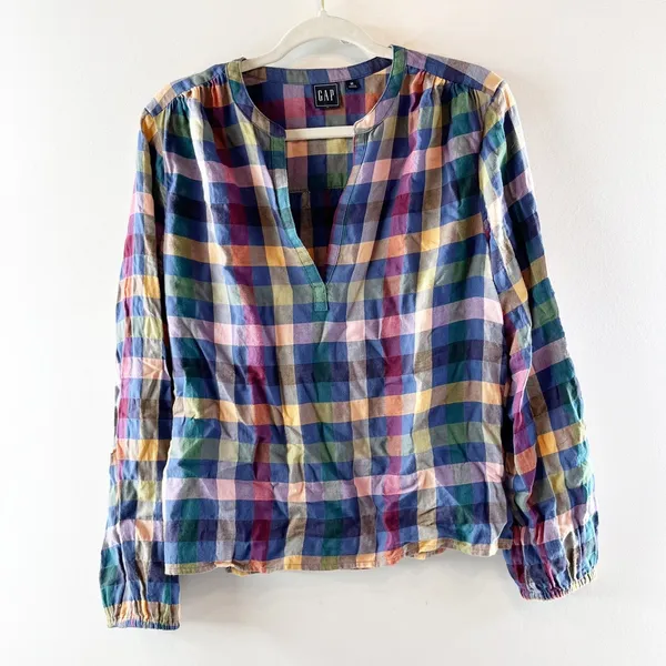 GAP Long Sleeve Femme Cotton Pullover Top Plaid Blue Pink Medium - Image 2