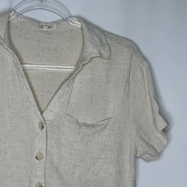 Love Note Beige Rayon Linen Blend Button Up Shirt Short Sleeve Womens Medium - Image 2
