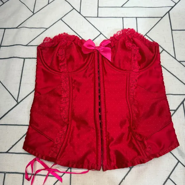Victoria's Secret Corset Top 36C Red‎ Excellent Lace Up Satin Polka Dot Bow - Image 7