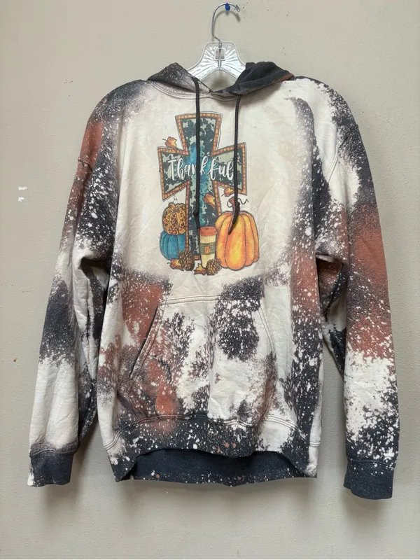 Fallcore Thankful Pumpkin Bleach Wash Hoodie M Rustic Autumn Gildan - Image 6