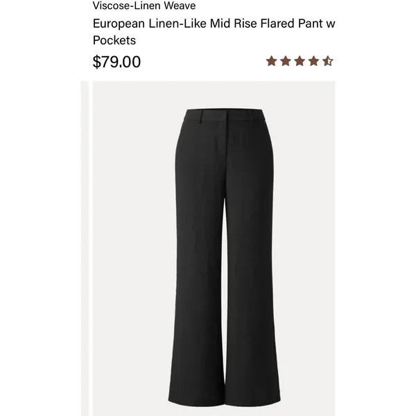 OGL European Linen Like Mid Rise Flared Pant with Pockets Black Small S NEW - Image 2