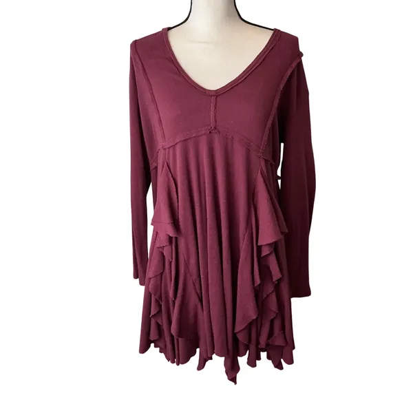 Free People Beach Womens Small Ruffle Tunic Top Long Sleeve Berry Wine V-Neck - Image 2