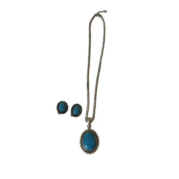 Vintage Faux Turquoise Necklace Clip On Earrings Set Southwestern Boho 18" - Image 3