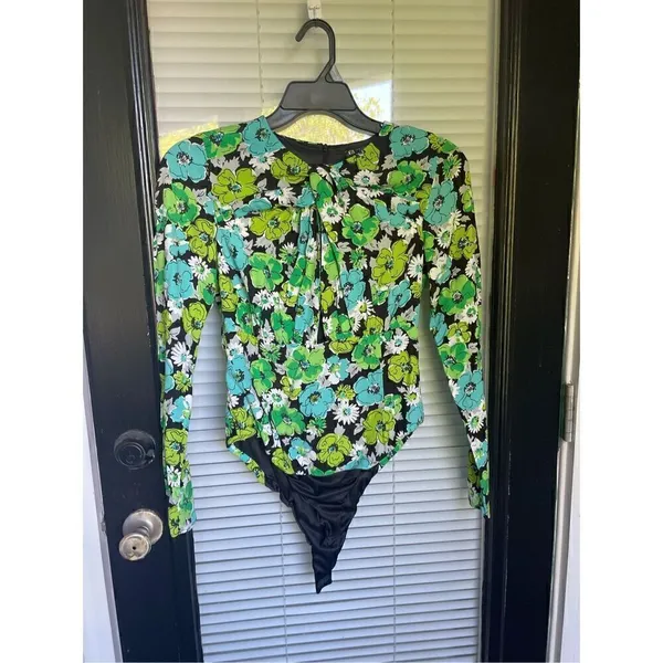 NWOT. Zara Draped Floral Blue Green Long Sleeve Cut Out Bodysuit M - Image 11