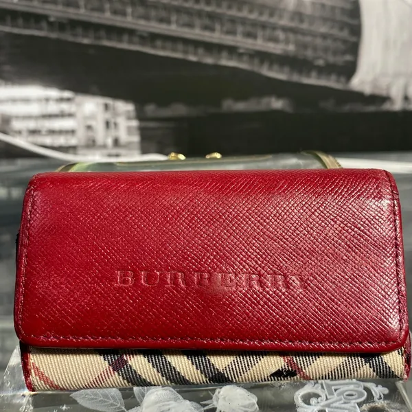 Authentic Rare Burberry Red Leather Nova Check Key Case - Image 4
