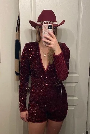 Burgundy Velvet Sequin Plunge Long Sleeve Romper - Image 3