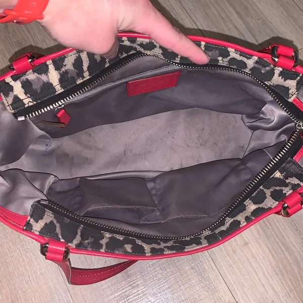 Coach Park Ocelot Leopard Print Canvas Red Leather Trim Shoulder Tote Bag - Image 8