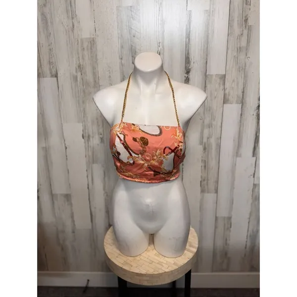 Penelope Boutique Satin Chain Halter Crop Top Pink Baroque Scarf Tie Back – Size - Image 2
