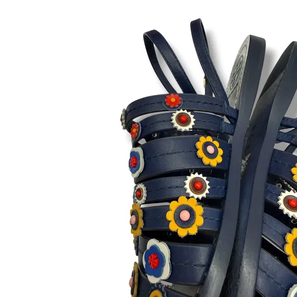 Tory Burch Marguerite Sandals 8 Navy Leather Floral Summer Casual‎ Boho - Image 8