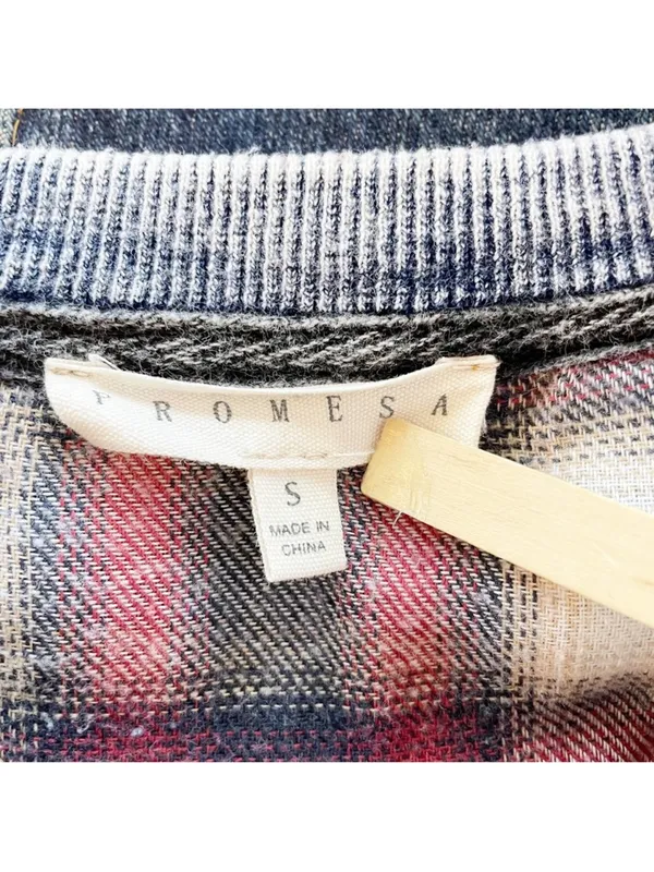 Prómesa plaid denim patchwork quarter zip collared pullover top S - Image 9