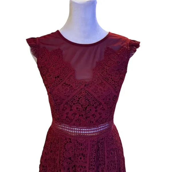 Francesca's Women's Burgundy Lace Fit & Flare Dress Size S Party Cocktail - Image 2