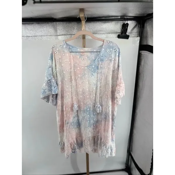 Surf Gypsy Eyelet Tie Dye Tassel Beach Dress Ruffle Flutter Sleeve M - Image 10