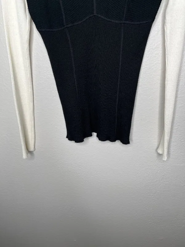 Theory Ribbed Knit Colorblock Bustier Seamtop Sweater Black White Med - Image 3