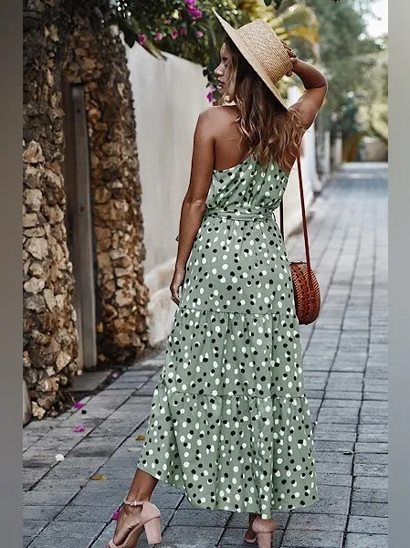 Miss Sparkling Sage Green Polka Dot Tiered Maxi Dress Belted Adjustable Strap - Image 3