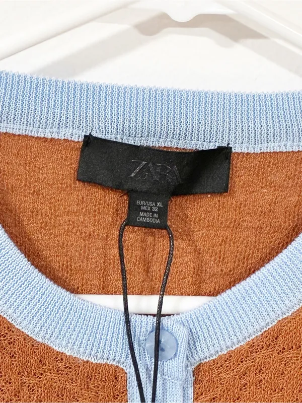 Zara Brown Textured Colorblock Cardigan Sweater Size XL NEW - Image 3