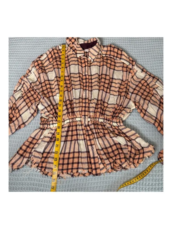 We The Free People Pacific Dawn Plaid Shirt Womens Medium Peach Ivory Boho Top - Image 9