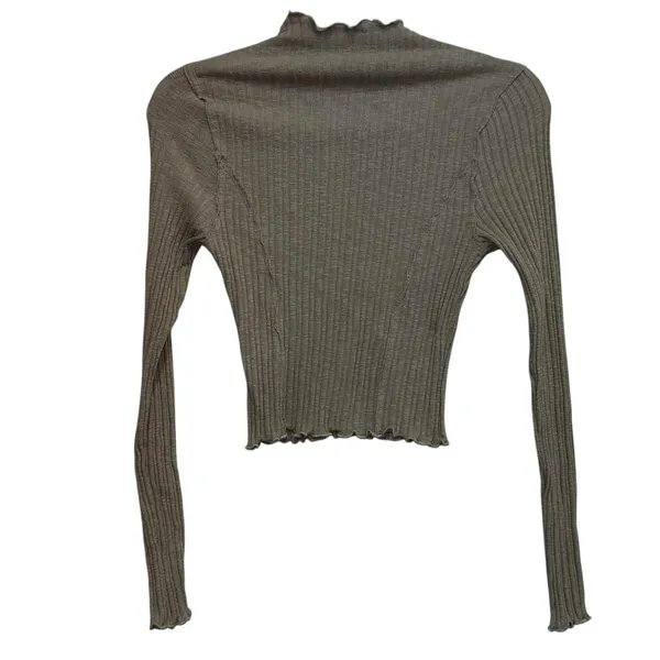 Altar'd State Ribbed Cropped Top Small Brown Lettuce Hem‎ Long Sleeve Mock Neck - Image 4