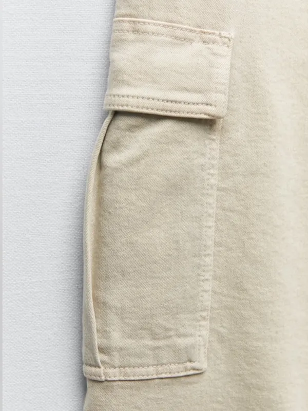 ZARA High Waisted Marine Cargo Jeans Raw Hem Khaki Beige Wide Leg Retro‎ Size 14 - Image 10