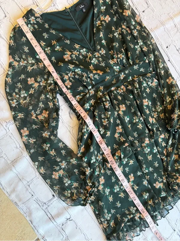 Lulu's Dark Cottagecore Green Floral Print Long Sheer Sleeves Mini Dress Medium - Image 5