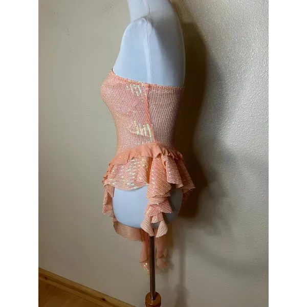 Free People Taylor Sequins Asymmetric Ruffle Tube Top WOMENS MEDIUM peach orange - Image 5