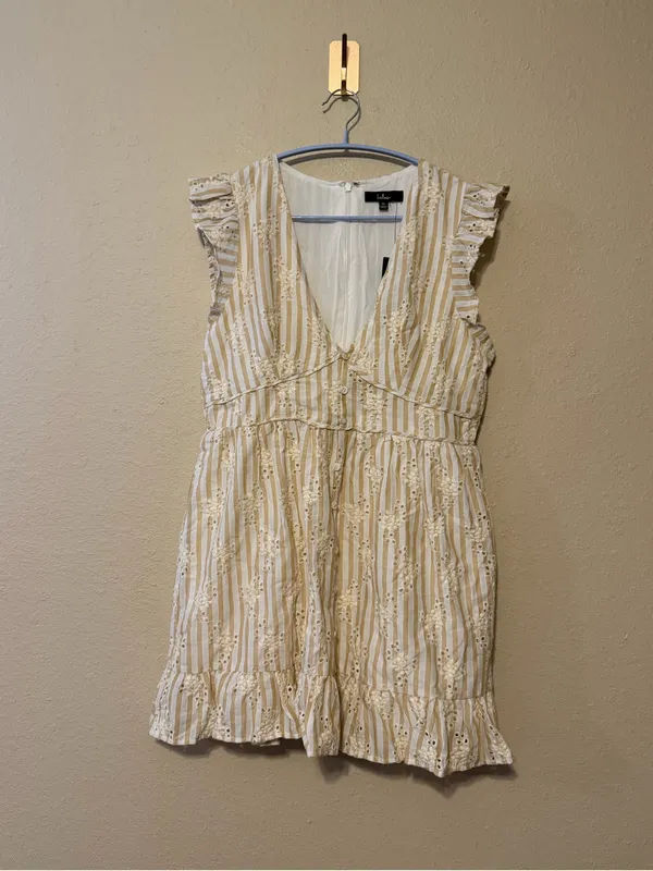 Lulus Sunny Crush Beige and Ivory Striped‎ Embroidered Mini Dress Size XL NWT - Image 2