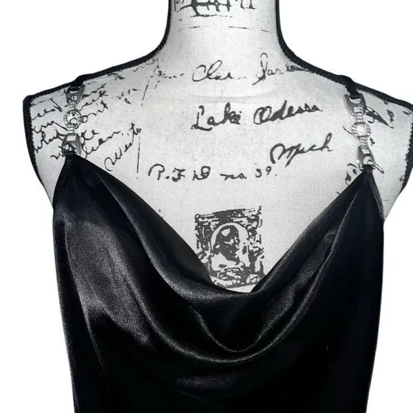 Nicole Miller New‎ York Black Satin Cowl Neck Cami Rhinestone Chain Straps M NEW - Image 6